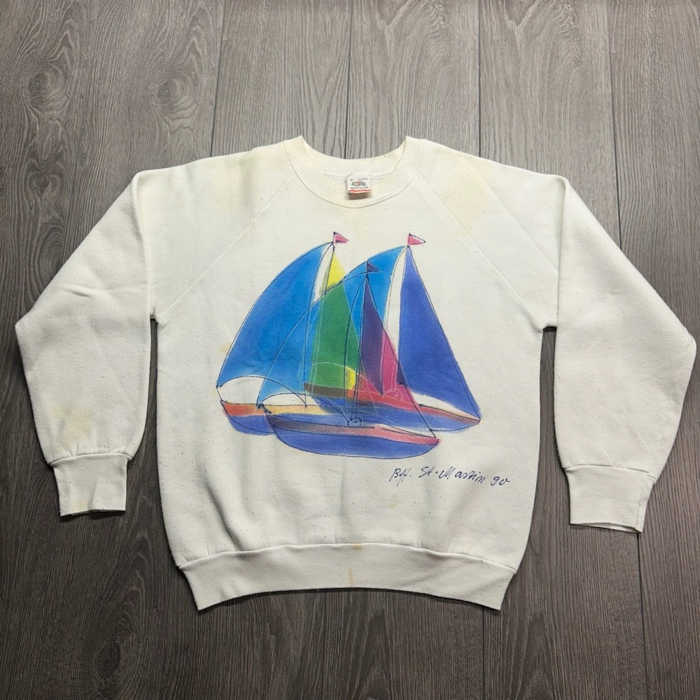 Vintage 80s Sailboat Sweatshirt St Martin Hand Painted White Mens Medium